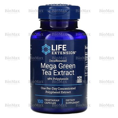 Зеленый чай экстракт мега, Green Tea, Life Extension, без кофеина, 100 капсул