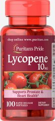 Ликопин, Lycopene, Puritan's Pride, 10 мг, 100 гелевых капсул