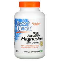 Магний хелат, легкоусвояемый, High Absorption Magnesium 100% Chelated, Doctor's Best, 100 мг, 240 таблеток