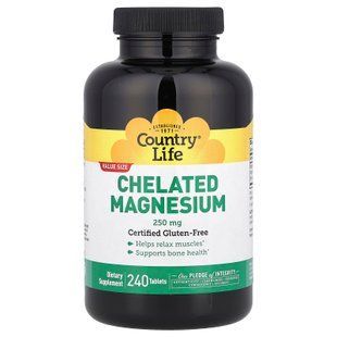 Магний хелат, Chelated Magnesium, Country Life, 250 мг, 240 таблеток