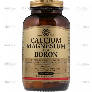 Кальций, магний + бор, Calcium Magnesium Plus Boron, Solgar, 1000/400/10 мг, 250 таблеток