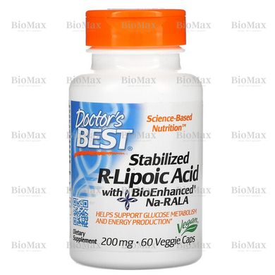 Стабілізована R-ліпоєва кислота, Stabilized R-Lipoic Acid, Doctor's Best, 200 мг, 60 вегетаріанських капсул