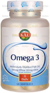 Риб'ячий жир, Омега 3, Omega 3 Fish, KAL, 180/120 , 1000 мг 60 капсул