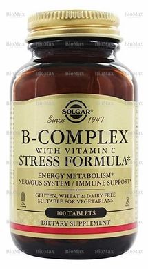 Витамины группы В + С, B-Complex, Solgar, стресс формула, 100 таблеток