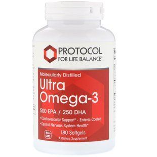 Омега-3, Ultra Omega-3, Protocol for Life Balance, молекулярно дистильована, 500 EPA / 250 DHA, 180 капсул