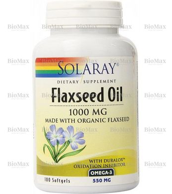 Лляна олія, Flaxseed Oil, Solaray, 1000 мг, 100 капсул