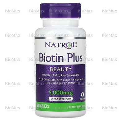 Биотин с Лютеином, Biotin Plus with Lutein, Natrol, 5000 мкг/10 мг 60 таблеток