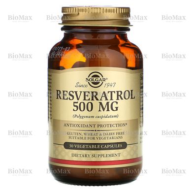 Ресвератрол, Resveratrol, Solgar, 500 мг, 30 капсул
