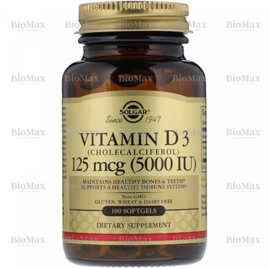 Витамин Д-3, Д3, холекальциферол, D-3, D3, Solgar, 5000 МЕ, 100 капсул