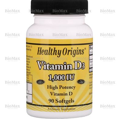 Витамин Д-3, Д3, Vitamin D-3, D3, Healthy Origins, 1000 МЕ, 90 капсул