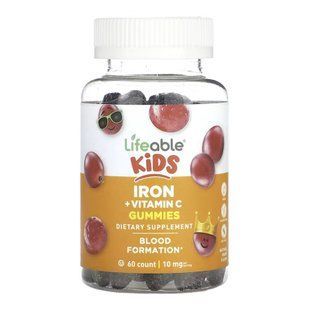 Залізо з вітаміном C для дітей, Kids Iron + Vitamin C Gummies, Lifeable, смак винограду, 10 мг, 60 жувальних цукерок