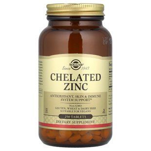 Хелат цинку, Chelated Zinc, Solgar, 250 таблеток