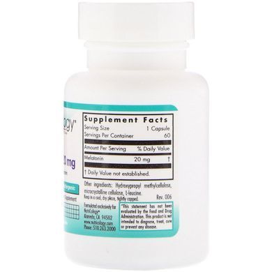 Мелатонін, Melatonin, Nutricology, 20 мг, 60 капсул