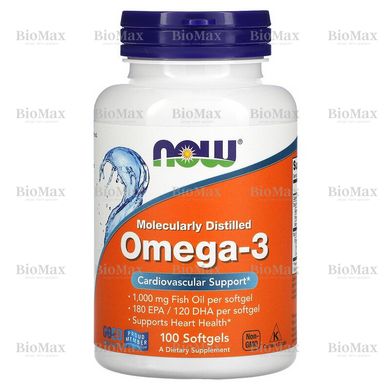 Рыбий жир, Омега 3, Molecularly Distilled Omega-3, Now Foods, 1000 мг, 100 капсул