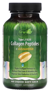 Пептиды коллагена и астаксантин, типы I, II и III, Irwin Naturals, 60 капсул