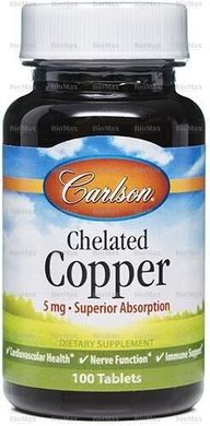 Хелат меди, Chelated Copper, Carlson Labs, 5 мг, 100 таблеток