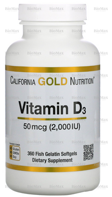 Вітамін Д3, Vitamin D3, California Gold Nutrition, 50 мкг (2000 МО), 360 капсул