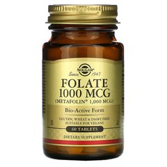 Фолиевая кислота, Folate As Metafolin, Solgar, 1000 мкг, 60 таблеток