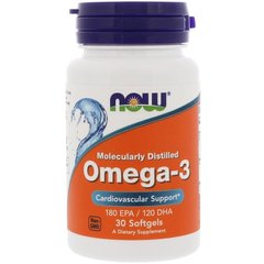 Риб'ячий жир, Омега 3, Molecularly Distilled Omega 3, Now Foods, 1000 мг, 30 капсул
