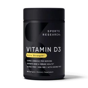Вітамін D3, Vitamin D3, Sports Research, з кокосовою олією MCT, 125 мкг (5000 МО), 360 гелевих капсул