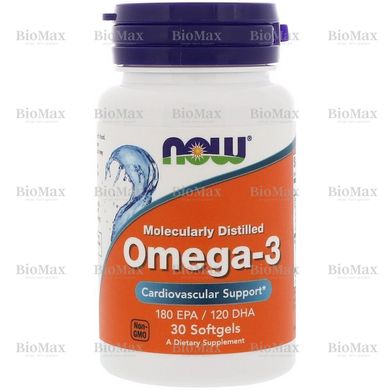 Рыбий жир, Омега 3, Molecularly Distilled Omega 3, Now Foods, 1000 мг, 30 капсул