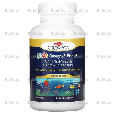 Рыбий жир, омега-3 для детей, Норвежская серия, клубничный вкус, Oslomega, 165/110 мг, 60 капсул