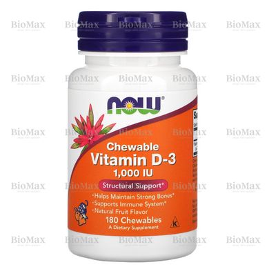 Жувальний вітамін Д-3, натуральний фруктовий смак, Vitamin D-3, Now Foods, 1000 МО, 180 жувальних таблеток