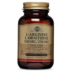 L-Aргінін, L-Орнітин, L-Arginine, L-Ornithine, Solgar, 500/250 мг, 50 капсул