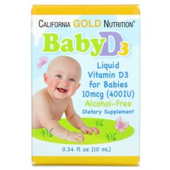 Витамин Д-3 для детей, Baby Vitamin D3, California Gold Nutrition, в каплях, 400 МЕ (10 мкг), 10 мл