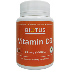 Витамин Д-3, Д3, Vitamin D-3, D3, Biotus, 1000 МЕ, 60 капсул (Украина)