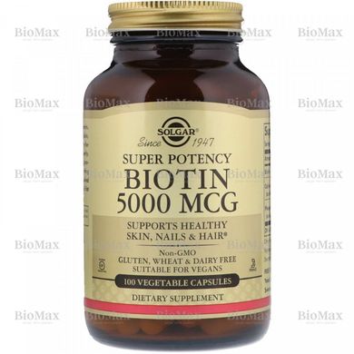 Біотін, Biotin, Solgar, 5000 мкг, 100 капсул