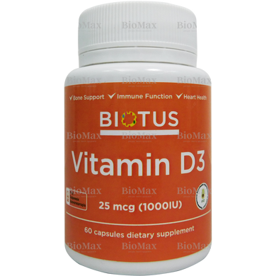Витамин Д-3, Д3, Vitamin D-3, D3, Biotus, 1000 МЕ, 60 капсул (Украина)