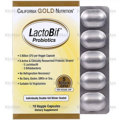 Пробіотики, LactoBif, California Gold Nutrition, 5 млрд КОЕ, 10 капсул