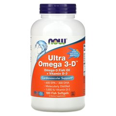 Рыбий жир, Ультра Омега 3 + витамин Д-3, Д3, Ultra Omega 3-D, Now Foods, 180 капсул