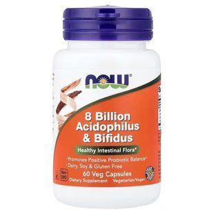 Пробіотик, Acidophilus & Bifidus, Now Foods, 8 млрд КУО, 60 вегетаріанських капсул