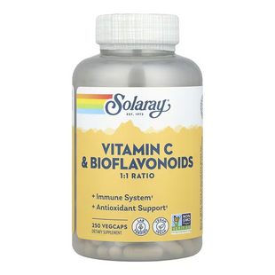 Витамин C с биофлавоноидами 1:1, Vitamin C & Bioflavonoids, Solaray, 500 мг, 250 вегетарианских капсул (250 мг витамина C в одной капсуле)