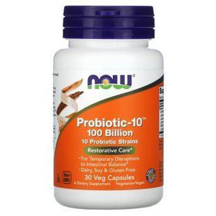 Пробіотики-10, Probiotic-10, Now Foods, 100 млрд, 30 рослинних капсул