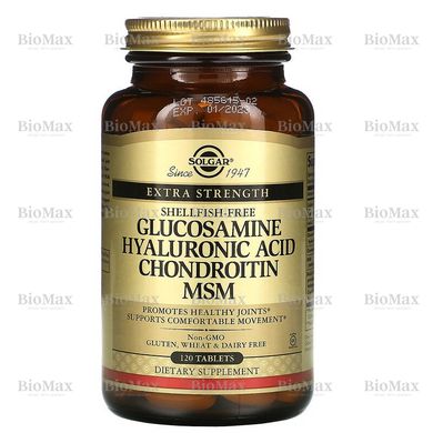 Комплекс для суглобів з Глюкозаміном, Хондроїтином, MCМ та Гіалуроновою кислотою, (МСМ, Glucosamine Hyaluronic Acid Chondroitin), Solgar, 120 таблеток