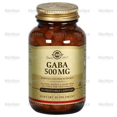 ГАМК, Гамма-аминомасляная кислота, GABA, Solgar, 500 мг, 50 капсул