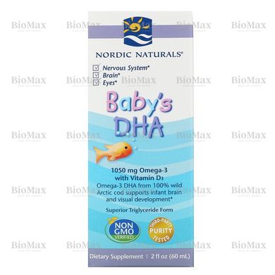 Рыбий жир с витамином Д-3, Омега 3 и Д3 для детей, Baby`s DHA, Nordic Naturals, 1050 мг, 60 мл