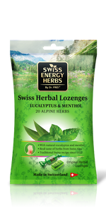Льодяники від застуди, Herbal Lozenges Bag 20 herbs + Eucalyptus and Menthol, Swiss Energy, від кашлю, болю в горлі та закладеності носа, 20 альпійських трав, ментол та евкаліпт, 12 трав'яних льодяників (55 г)