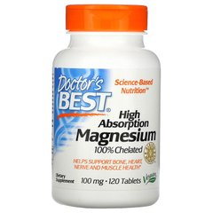 Магний, полностью хелатированный легкоусвояемый, Magnesium, Doctor's Best, 100 мг, 120 таблеток