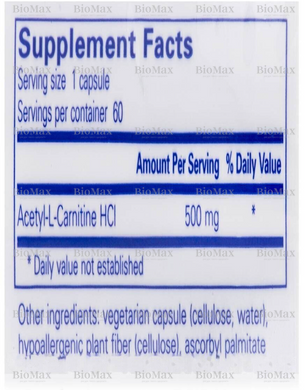 Ацетил-L-карнітин, Acetyl-l-Carnitine, Pure Encapsulations, 500 мг, 60 капсул