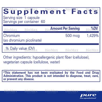 Хром пиколинат, Chromium picolinate, Pure Encapsulations, 500 мкг, 180 капсул