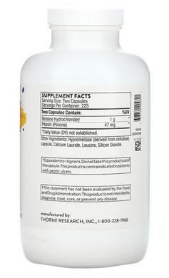 Бетаина гидрохлорид+пепсин, Betaine HCL & Pepsin, Thorne Research, 450 капсул