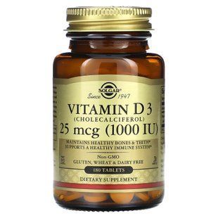 Витамин D3 (холекальциферол), Vitamin D3, Solgar, 25 мкг (1000 МЕ), 180 таблеток