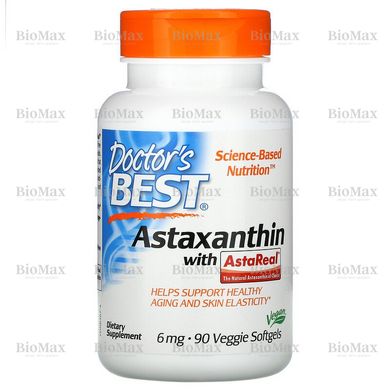 Астаксантин, Astaxanthin With AstaPure, Doctor's Best, 6 мг, 90 вегетарианских таблеток