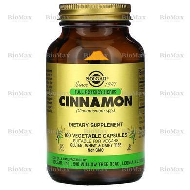 Экстракт корицы, Cinnamon, Solgar, 500 мг 100 капсул