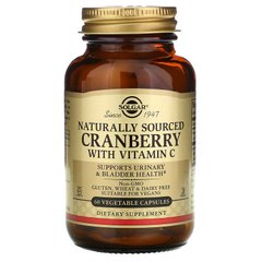 Клюква, с витамином C, Natural Cranberry With Vitamin C, Solgar, 60 вегетарианских капсул