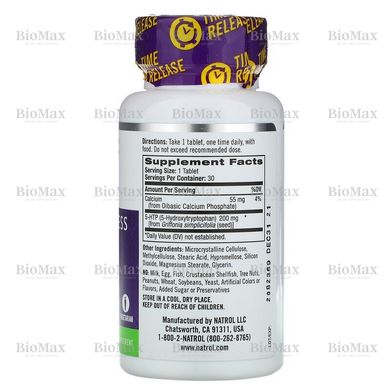 5-гидрокситриптофан, 5-HTP, медленное высвобождение, Natrol, 200 мг, 30 таблеток